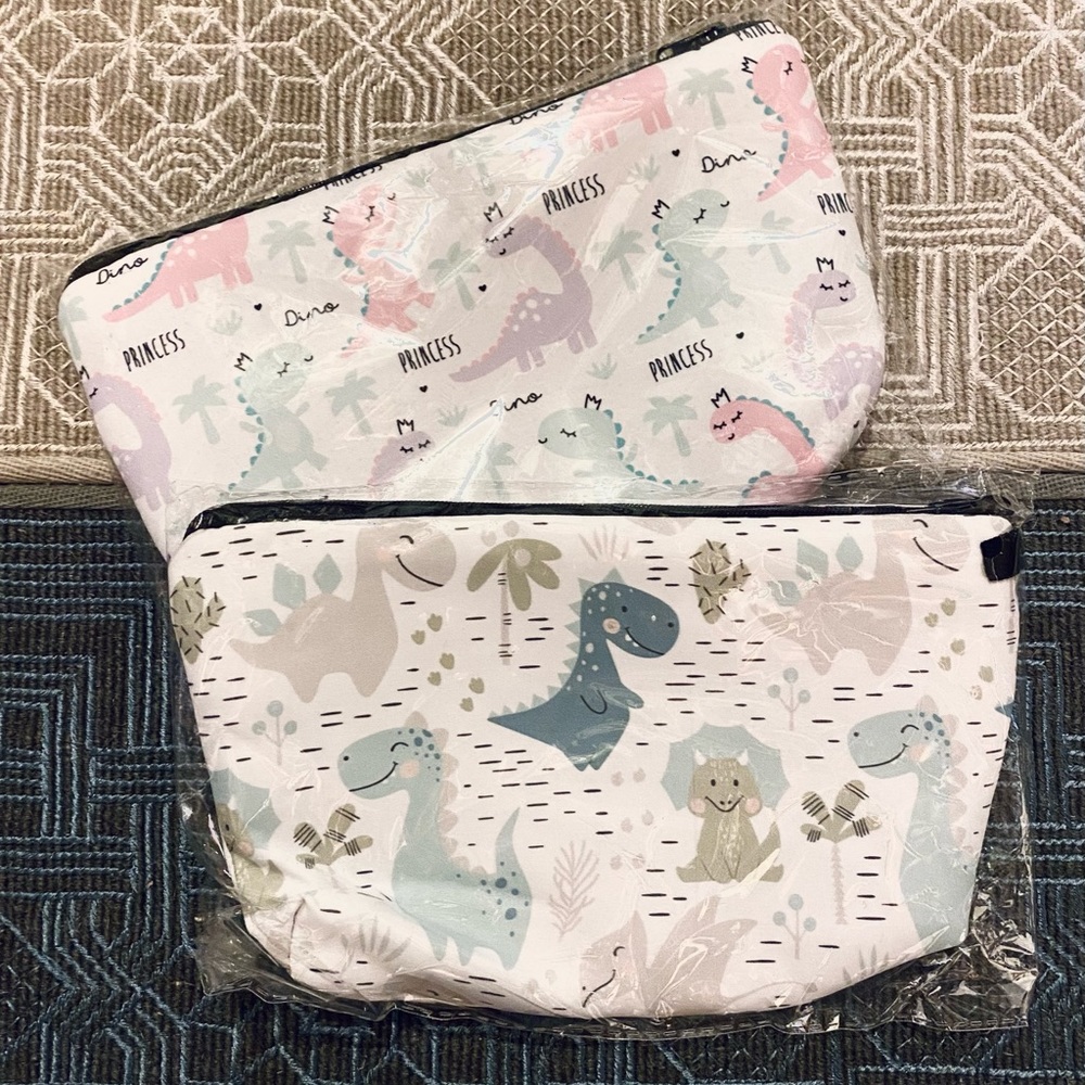 NWT Pair of Fun Dinosaur Waterproof Makeup Travel Bag w/ Zipper